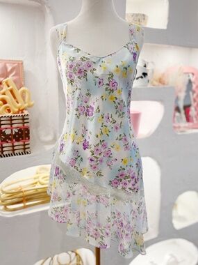 Y2K Asymmetrical Floral Satin & Mesh Slip Dress Lingerie with Lace Trim on Front